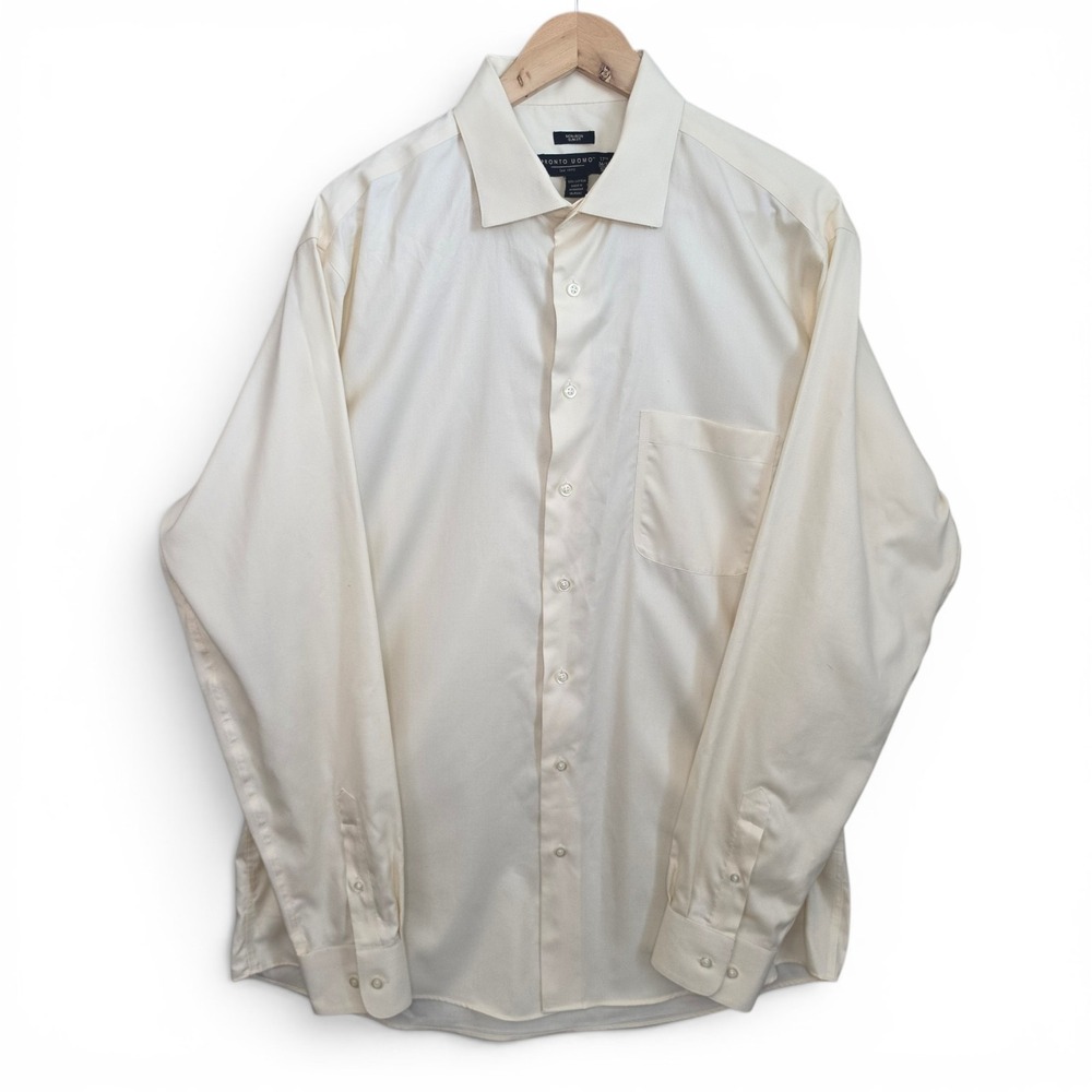 Pronto Uomo Dress Shirt Mens 17.5 36/37 Tall Yellow Button Non Iron Slim Fit
